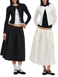 Women Knit Cardigan And Umbrella Skirt Long Sleeve Button Up Top Low Waist Minimalist Elegant Outfit
