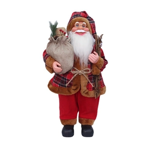 24-inch standing Santa Claus figure in red plaid outfit holding a burlap gift bag