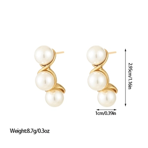 Detailed size view of gold S-curve pearl earrings showing 2.95cm height and 1cm width