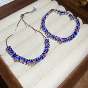 Bracelet Ajustable Carré Tons Argent Motif Floral Bleu Rouge Blanc Verre Cristal Zircon Bijoux Bohème Rétro