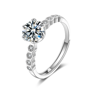 Detailed macro view of silver six-prong ring with large zircon and honeycomb band