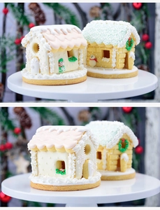 Detailed views of mini 3D Christmas gingerbread houses with pink and green icing rooftops
