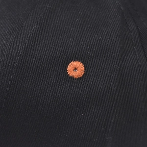 Macro detail of breathable embroidered eyelet on black cotton twill baseball cap fabric