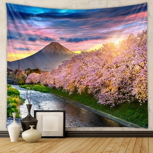 Detailed close-up of Mount Fuji and cherry blossom print on a bohemian hanging tapestry