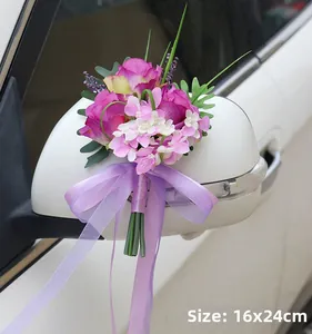 Detail view of purple artificial rose bouquet for car mirror with size specs 16x24cm