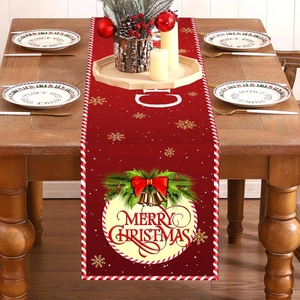 Christmas Table Runner Polyester Red Gold Snowflake Merry Christmas Bow Bell Print Festive Party Dining Decoration