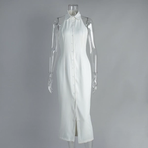 Detail of white sleeveless shirt dress with lapel collar and front button closure