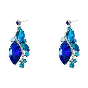 Elegant vintage silver drop earrings with royal blue crystals and leaf-shaped diamond accents