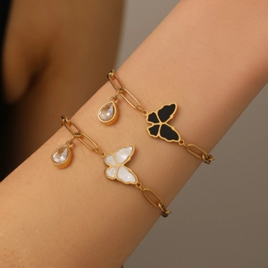 Bracelet Pendentif Papillon Acier Inoxydable Zircon Goutte Eau Plaqué Or 18K Chaîne Trombone Réglable Bijoux Femmes