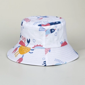 Close-up of white sun hat with ocean cartoon prints and reinforced stitching details