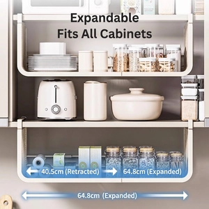 Extendable white under-cabinet kitchen storage rack with adjustable 40.5-64.8cm length