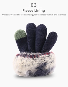 Detail of warm navy knit glove with soft fleece lining and colorful patterned cuff
