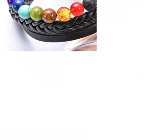 Detailed close-up of chakra natural stone beads on a black braided leather bracelet