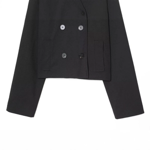 Women's minimalist black cropped jacket with double-breasted buttons and high-neck design