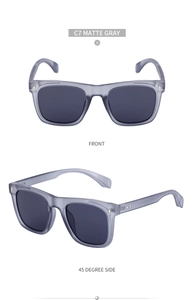 Detail view of square matte gray sunglasses with rivets and UV protection lenses