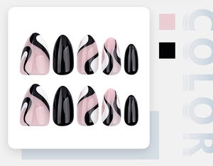 Detail of almond-shaped press-on nails with black and white fluid line art and glossy finish