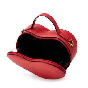 Top view of red heart-shaped leather handbag showing interior capacity and golden zipper