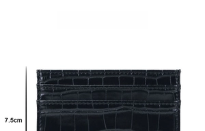 Detail view of 7.5cm black crocodile embossed slim card holder showing top stitching