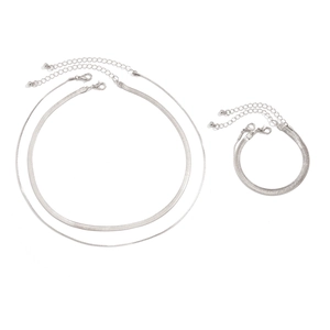 Silver double-layer snake chain necklace and bracelet set with minimalist metal finish