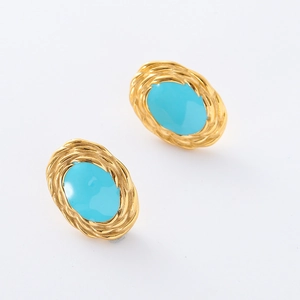 Pendientes De Botón Ovalados Vintage Acero Inoxidable 304 Chapado En Oro 18K Esmalte Azul Textura Arrugada Estilo Francés Mujer