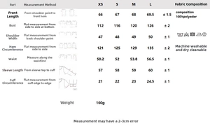 Detailed sizing chart and measurement guide for long sleeve bow shirt with polyester fabric