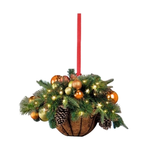 Detailed view of Christmas hanging basket with pine cones and warm LED lights