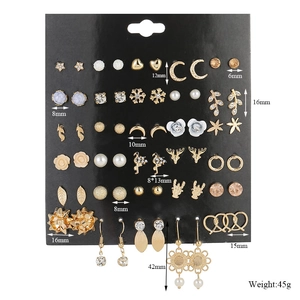 Detail of 30 pairs gold alloy earrings set with pearls and crystals on black display card