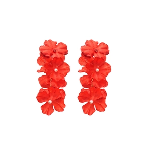 Elegant bridal red fabric flower drop earrings with pearls for festive occasions