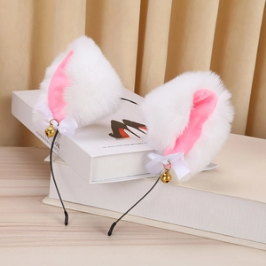 Plush cat ear headband with white faux fur pink inner ears and golden bells decoration