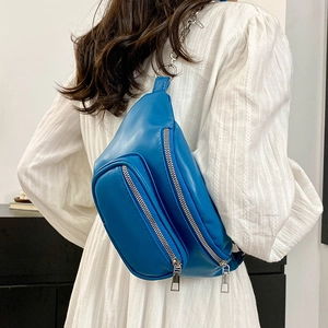Fashionable blue PU leather crossbody chest bag with silver chain and multiple zippers
