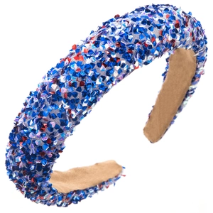 Blue sequin sponge headband with sparkling rhinestones and khaki suede lining for parties
