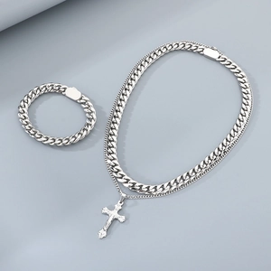 Detailed set of silver cross pendant double necklace and Cuban link chain bracelet