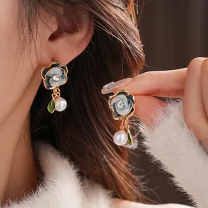 Vintage floral pearl drop earrings with blue enamel petals and crystal studs for women