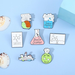Seven-piece set of enamel science pins with Erlenmeyer flasks and molecular structures