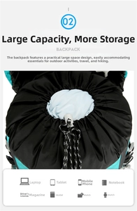Detail showing the large drawstring opening and spacious main compartment of the hiking backpack