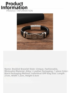 Macro detail of men's woven leather bracelet with silver Valknut alloy charm on wood