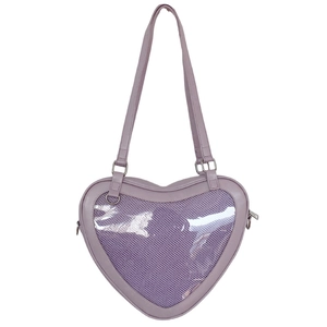 Detail of light purple heart-shaped ITA bag with transparent window and PU leather finish