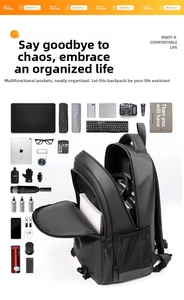 Large black backpack showing spacious storage compartments for laptop and electronics