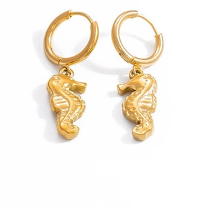 Detailed close-up of seahorse-shaped 18k gold-plated stainless steel earrings on white background