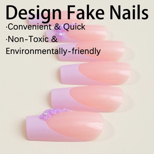 Long flat head press on nails with purple 3D floral design and French pink gradient