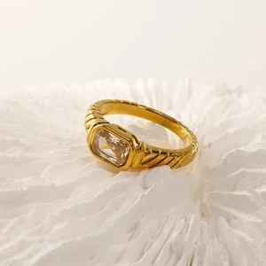 Macro view of 18k gold plated stainless steel ring with rectangular cz stone detail