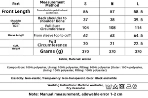 Detailed size chart for printed jacket and shorts set with dimensions and fabric info