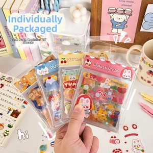 Detail showing 20 sheets of cute cartoon bear and rabbit stickers in clear packaging
