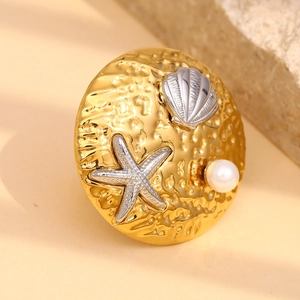 Exquisite 18K gold-plated starfish and pearl round open ring with ocean theme accents