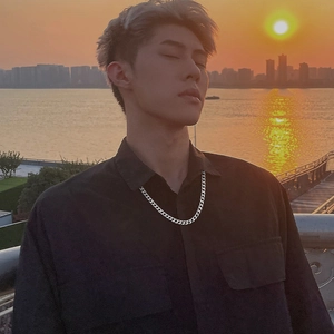 Men's silver titanium steel Cuban link chain necklace worn by a model at sunset