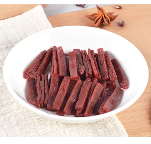 Detailed macro view of realistic miniature beef jerky strips in a white ceramic dollhouse bowl