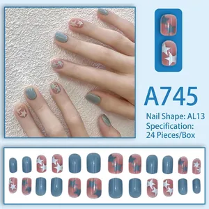 Short square press-on nails with pink and blue star patterns, 24 pieces set