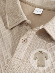 Macro detail of khaki jacquard polo shirt collar with textured breathable fabric and buttons