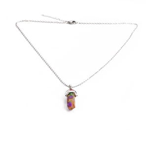 Multicolor hexagonal crystal bullet pendant necklace with a slim silver chain
