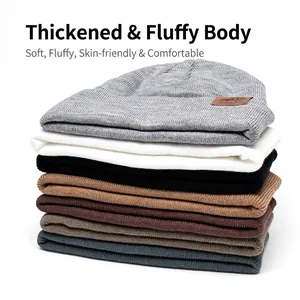 Thick knitted beanie hats in multiple colors with leather patch for outdoor warmth